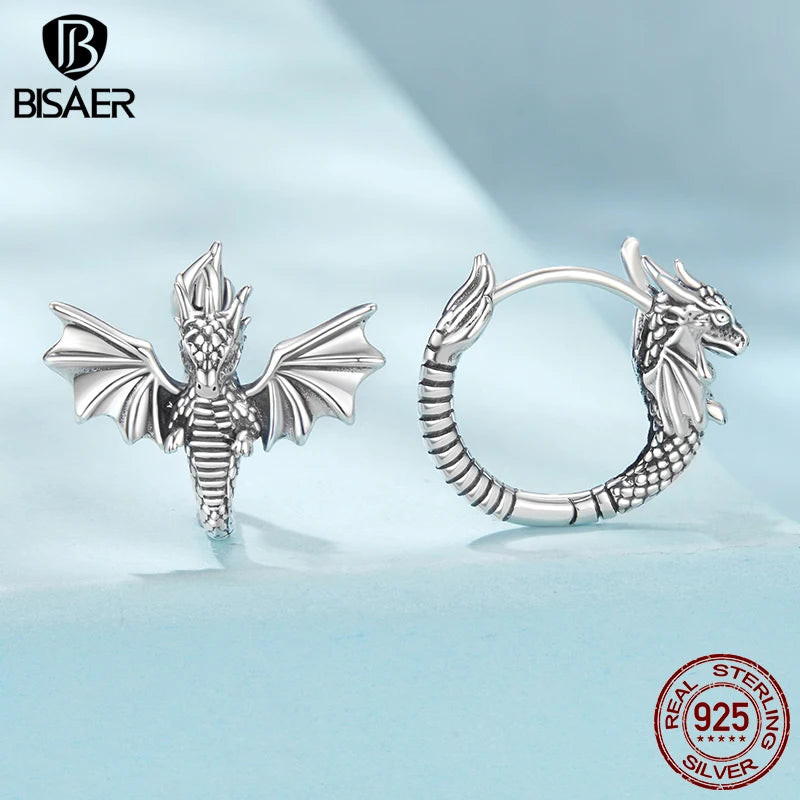 BISAER Real 925 Sterling Silver Flying Dragon Hoop Earrings Retro 3D Dragon Ear Hooks for Punk Hip Hop Women Party Fine Jewelry