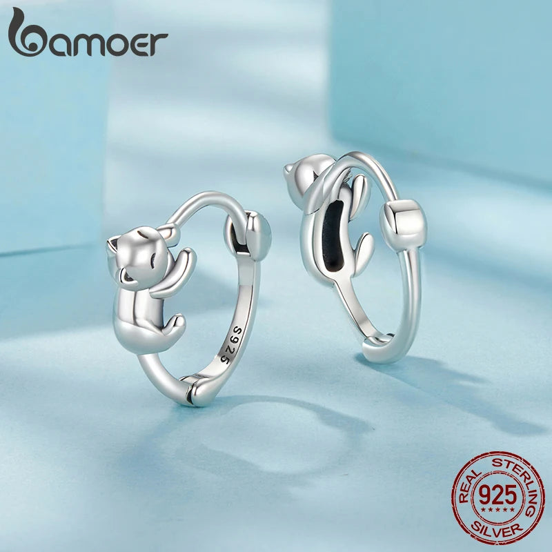 BAMOER 925 Sterling Silver Cute Cat Earrings, Small Animal Huggie Hoop Earrings Jewelry Gifts for women Teen Girls cat Lovers