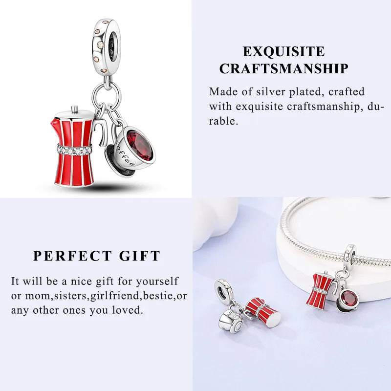 New Silver Plated Red Charms Beads Coffee Cherry Pandora Pendant Fit Original Pandora Bracelet DIY Women Jewelry Accessories