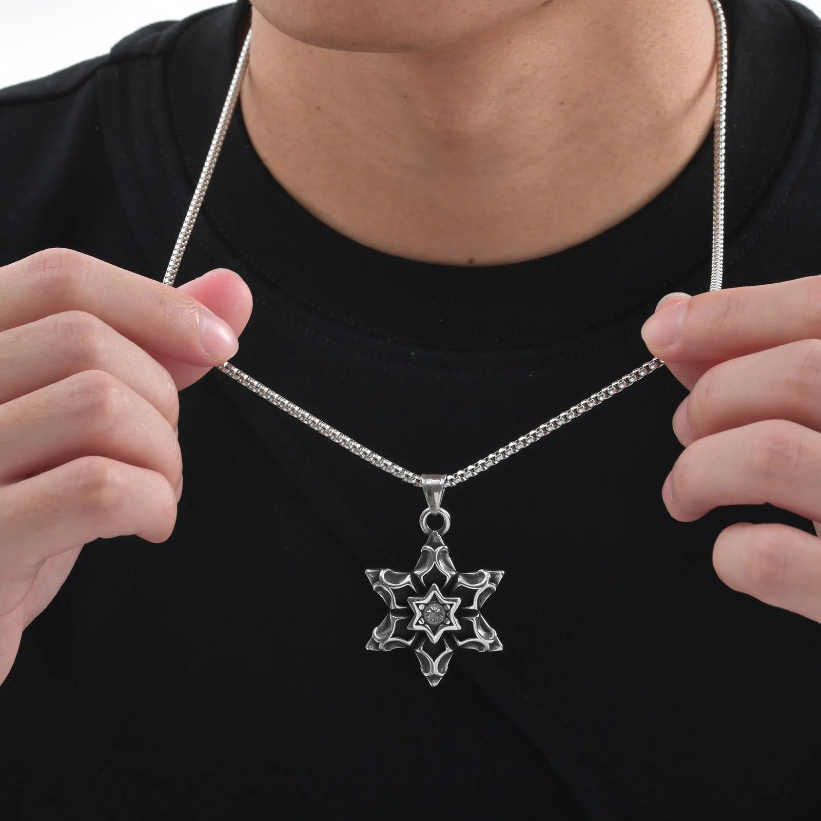 Vnox Hexagram David Star Necklace, Mens Gothic Floral Textured Pendant, Punk Thick Bold Heavy Male Accessory