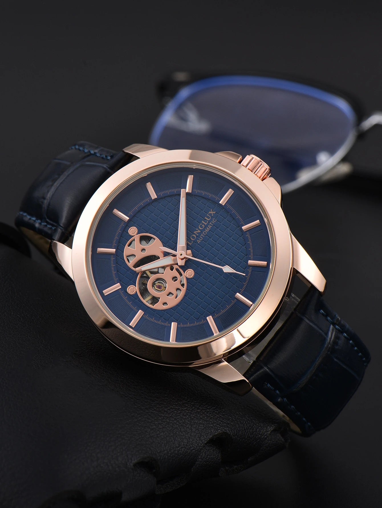 LONGLUX automatic watch Luxury elegant retro skeleton waterproof mechanical watches rose gold leather mens watch gift for you