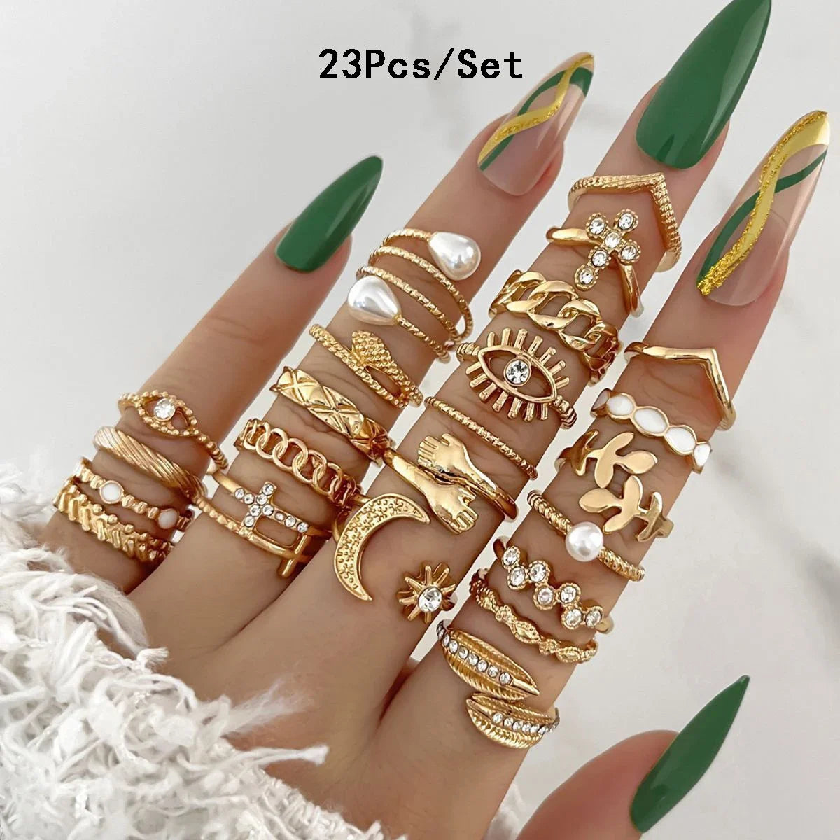 23Pcs Fashion Knuckle Rings Set For Women Crystal Star Moon Eye Wave Gold Silver Color Rings Female Trendy Party Jewelry Gift
