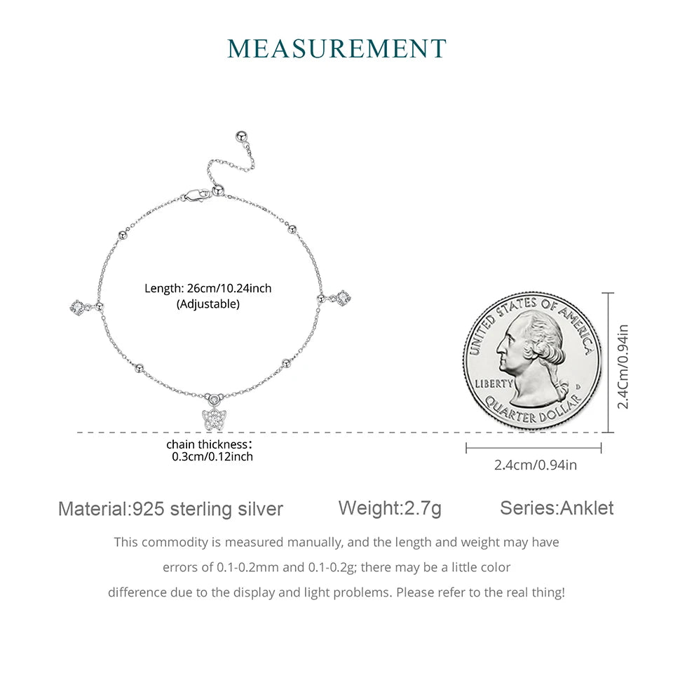 WOSTU 925 Sterling Silver Butterfly Tassels Anklet for Women Foot Links Boho Beach Summer Simple Foot Jewelry Anklet Bracelets