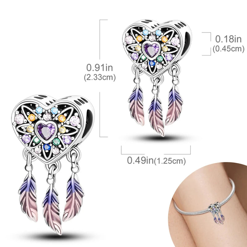 925 Sterling Silver Pendant Charms Feather Dreamcatcher Charm Bead For Original Charm Bracelet Necklace Bead DIY Jewelry Gift