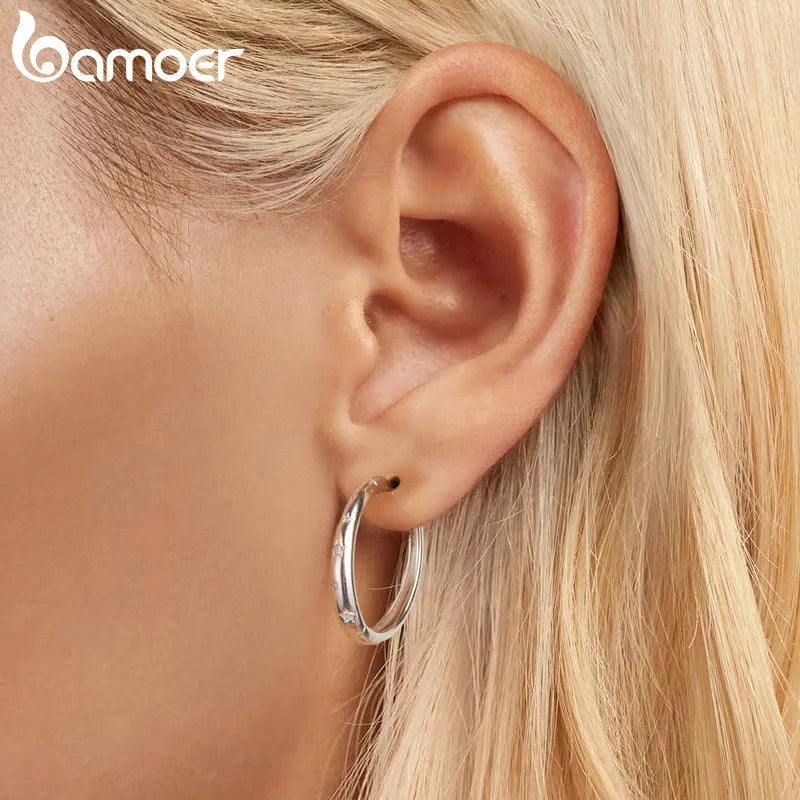 BAMOER Creolen aus echtem 925er Sterlingsilber mit Sternenmotiv, Pavé-Fassung, CZ-Stern, für Damen, für den täglichen Gebrauch, edler Schmuck