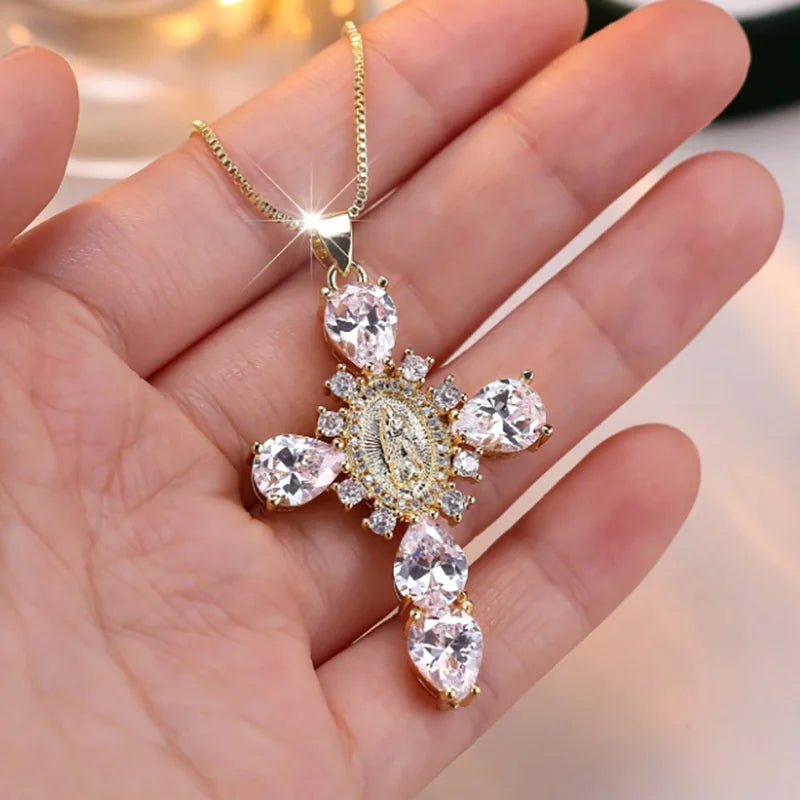 Luxury Crystal Pink Zircon Pendant Necklace For Women Vintage Water Drop Cross Rhinestones Choker Wedding Party Jewelry Gifts