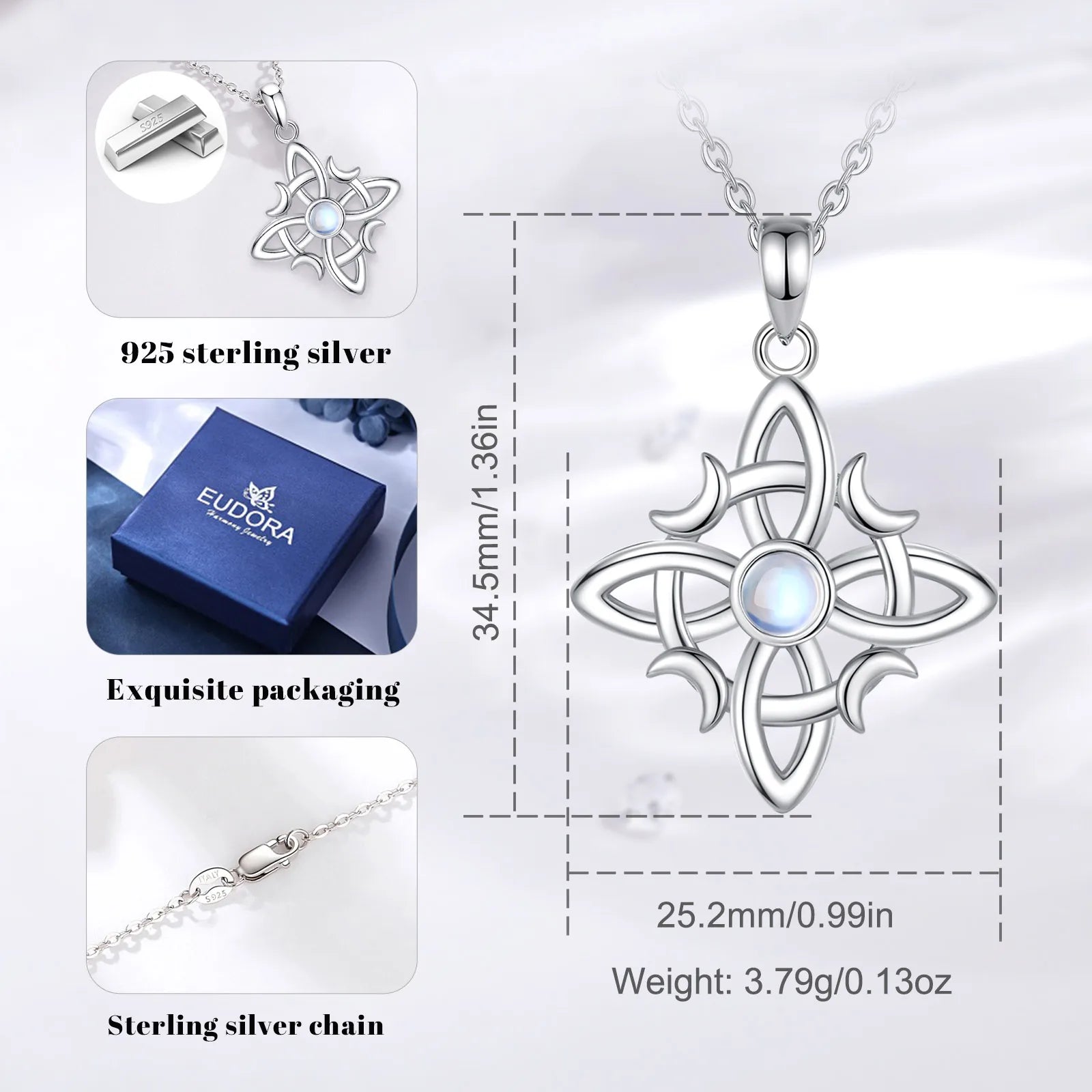 Eudora 925 Sterling Silver Witches Knot Necklace & Bracelet Moonstone Wicca Amulet Jewelry Set Fine Gift for Women Girl