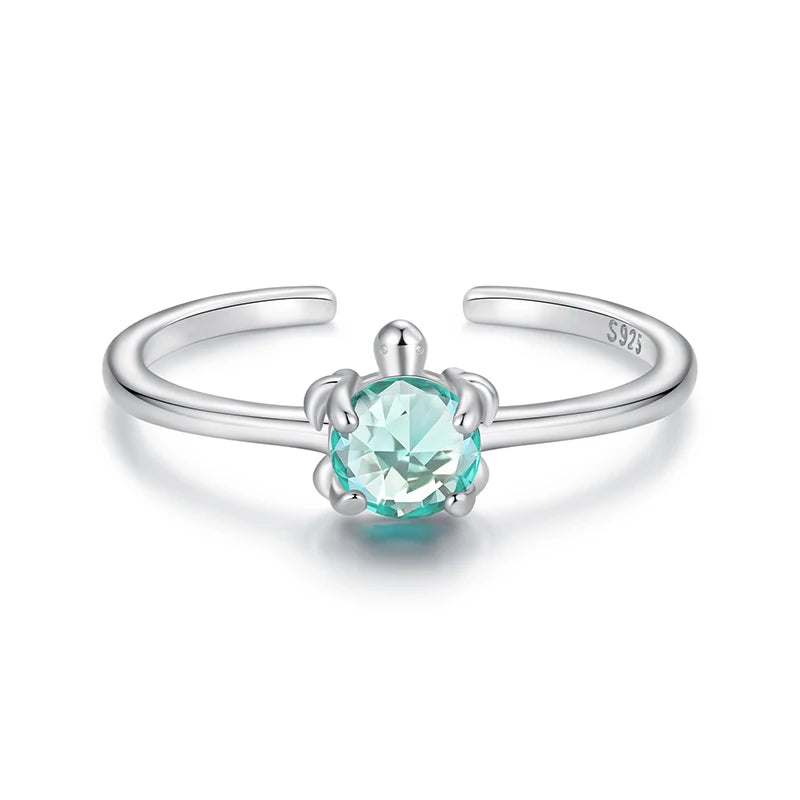 WOSTU S925 Silver Original Turtle Ring for Women, Cute Animal Stackable Tortoise Ring with Green Stone Adjustable Jewelry Gift