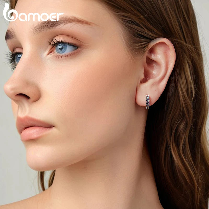 BAMOER 925 Sterling Silver Rainbow Hoop Earring Iridescent Purple Full Zircons Ear Cuff for Women Dazzling Birthday Jewelry Gift