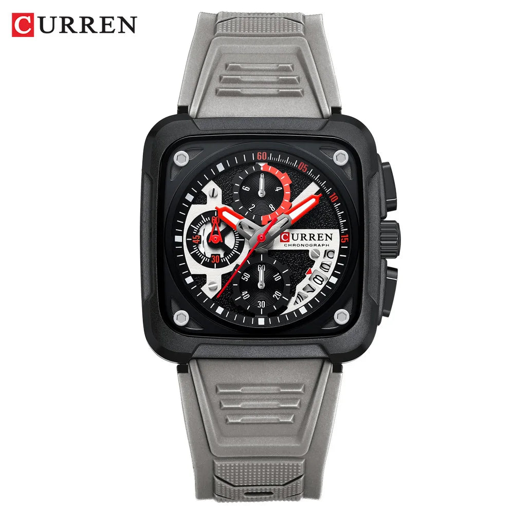CURREN Men's Watches Brand Sporty Unique Square Dial with Chronograph Male Quartz Wristwatch with Silicone strap Waterproof