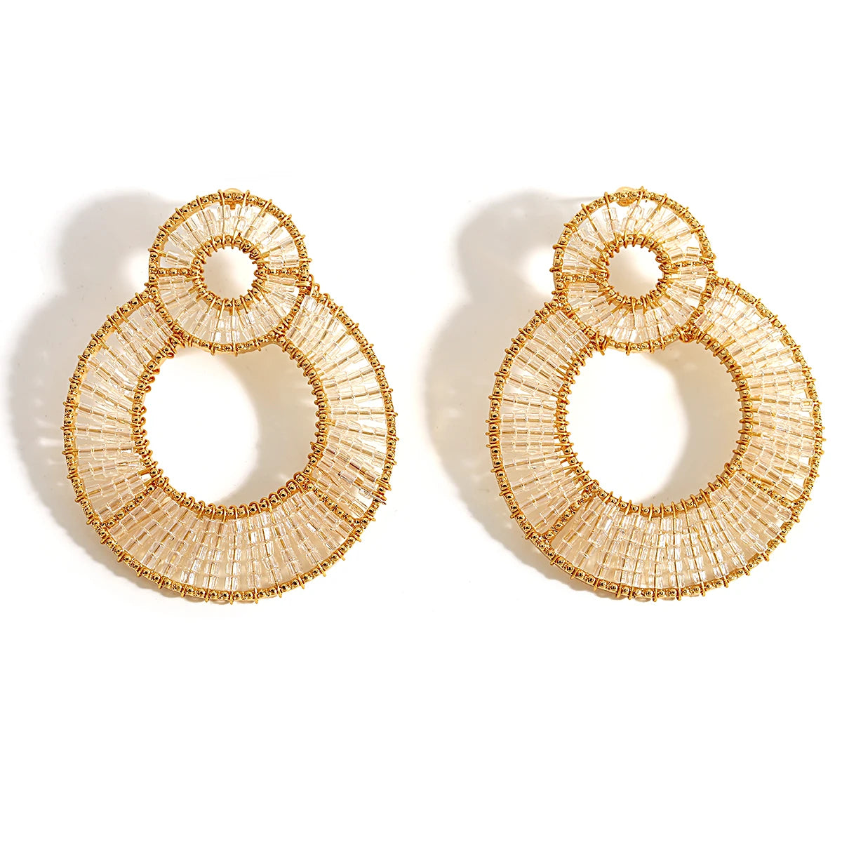 AENSOA Luxury Colorful Crystal Beaded Double Round Drop Earrings for Women Gold Color Metal Dangle Earrings Handmade Jewelry