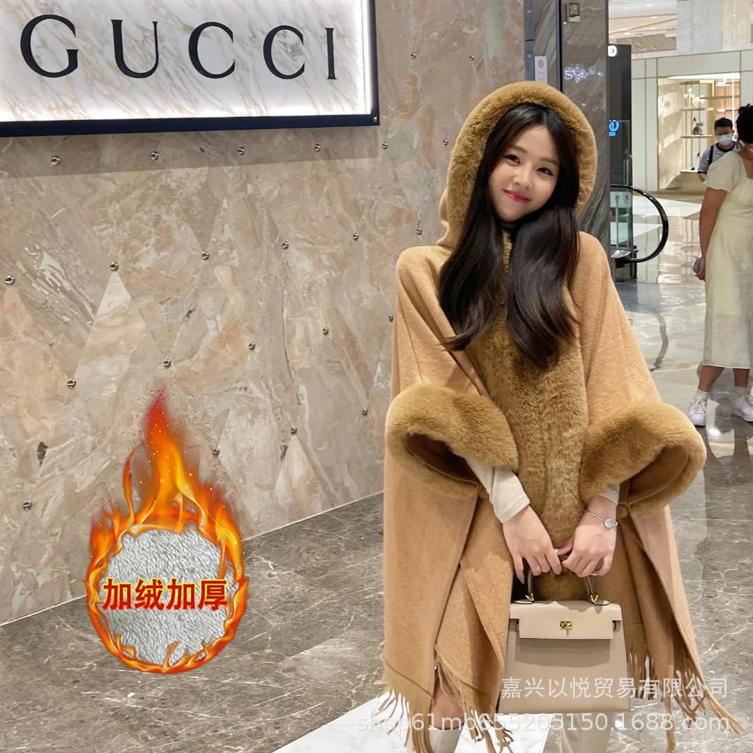 Faux Rabbit Fur Capes Coats Women Plaid Poncho Jackets Tassel Hooded Batwing Sleeves Open Stitch Loose Casual 2025 Autumn Winter