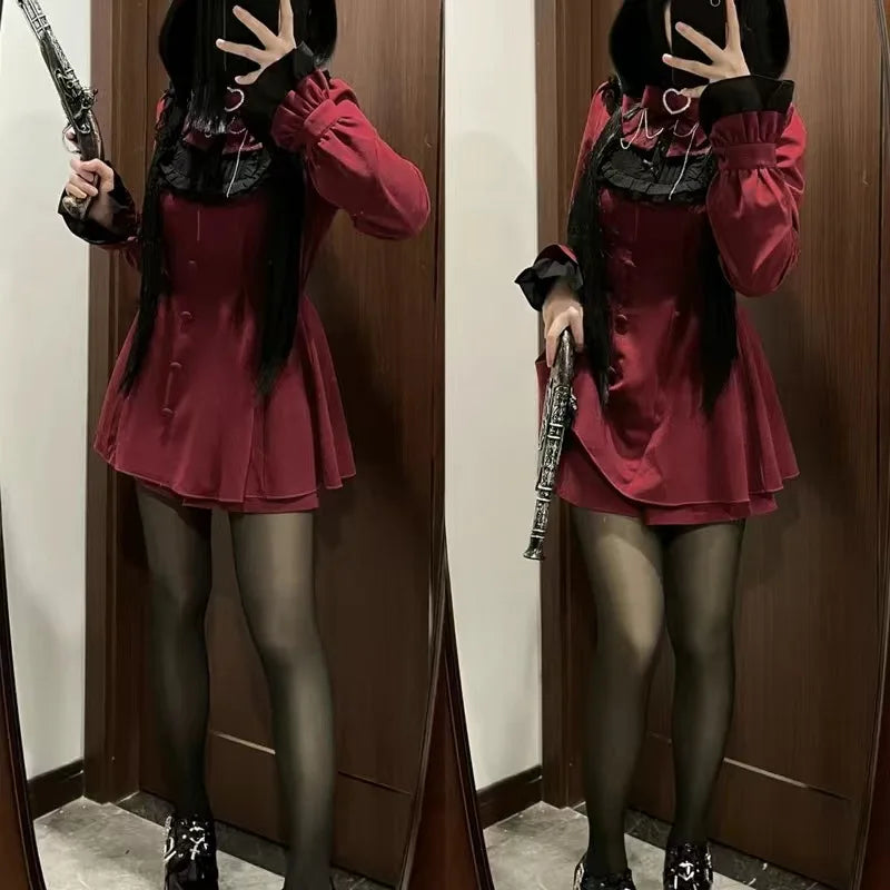 Japanese Gothic Lolita Dress Women Harajuku Y2k Bow Lace Ruffles Collar Long Sleeve Mini Dresses Female Elegant Party Cute Dress