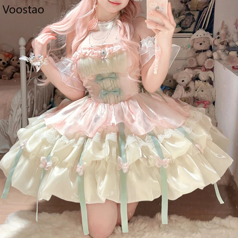 Vintage Victorian Lolita Princess Mini Dress Women Gothic Y2k Bow Lace Ruffles Sleeveless Party Dresses Girl Sweet Elegant Dress