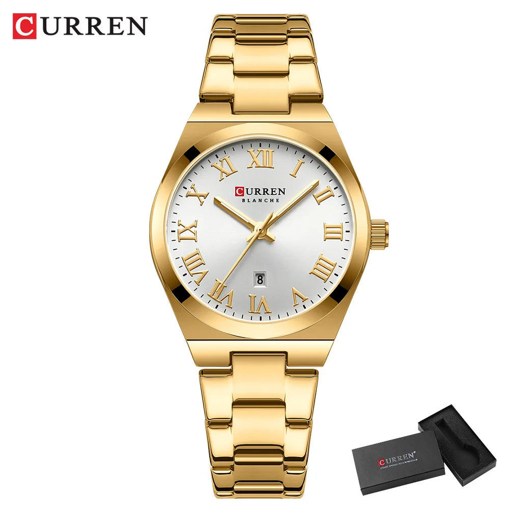 CURREN Fashionable Quartz Watches for Women Roman Numerals Simple Elegant Stainless Steel Braclete Ladies Wristwatch