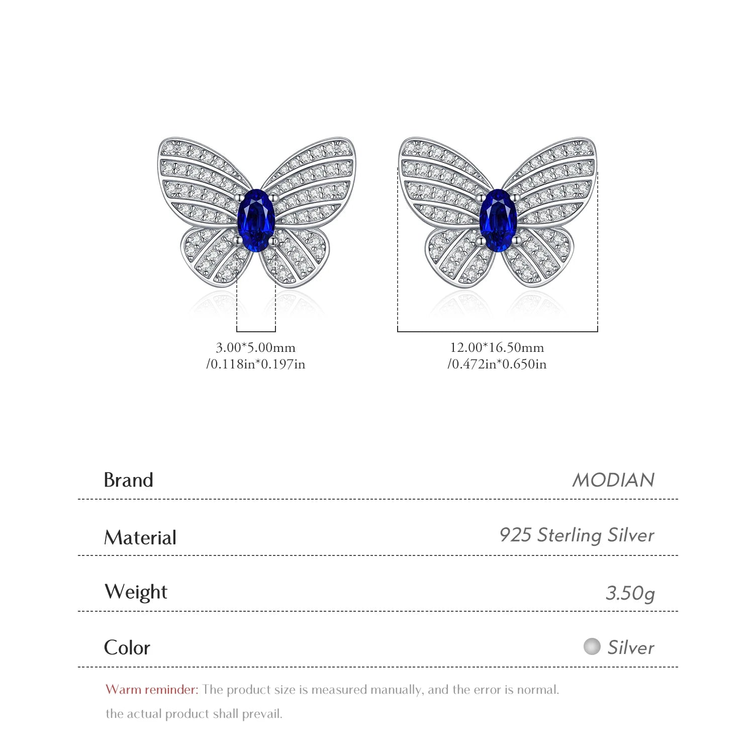 MODIAN Elegant Royal Blue Zirconia Ear Studs 925 Sterling Silver Exquisite Luxury Butterfly Stud Earrings For Women Fine Jewelry