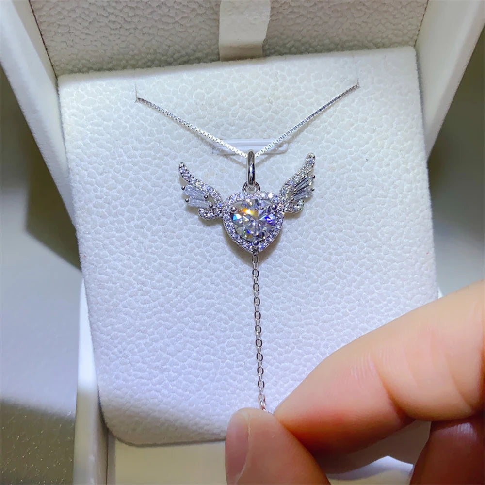 Serenity 1ct D Color Moissanite Necklace for Women Gift 100% 925 Sterling Silver Sparkling Diamond Angel Move Pendant Neck Chain - Madeinsea©