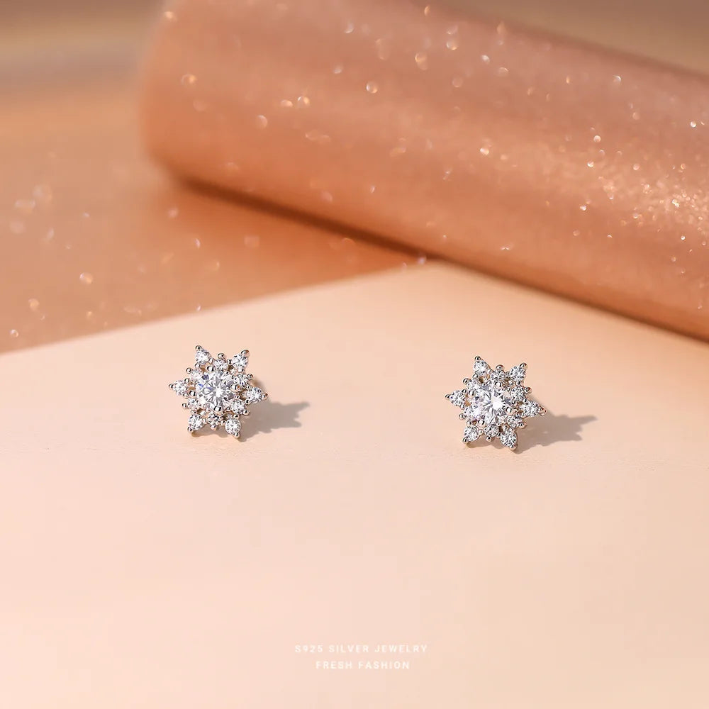 French Light Luxury Pavé Zircon Snowflake Earrings for Women Student 925 Sterling Silver Christmas Party Jewelry