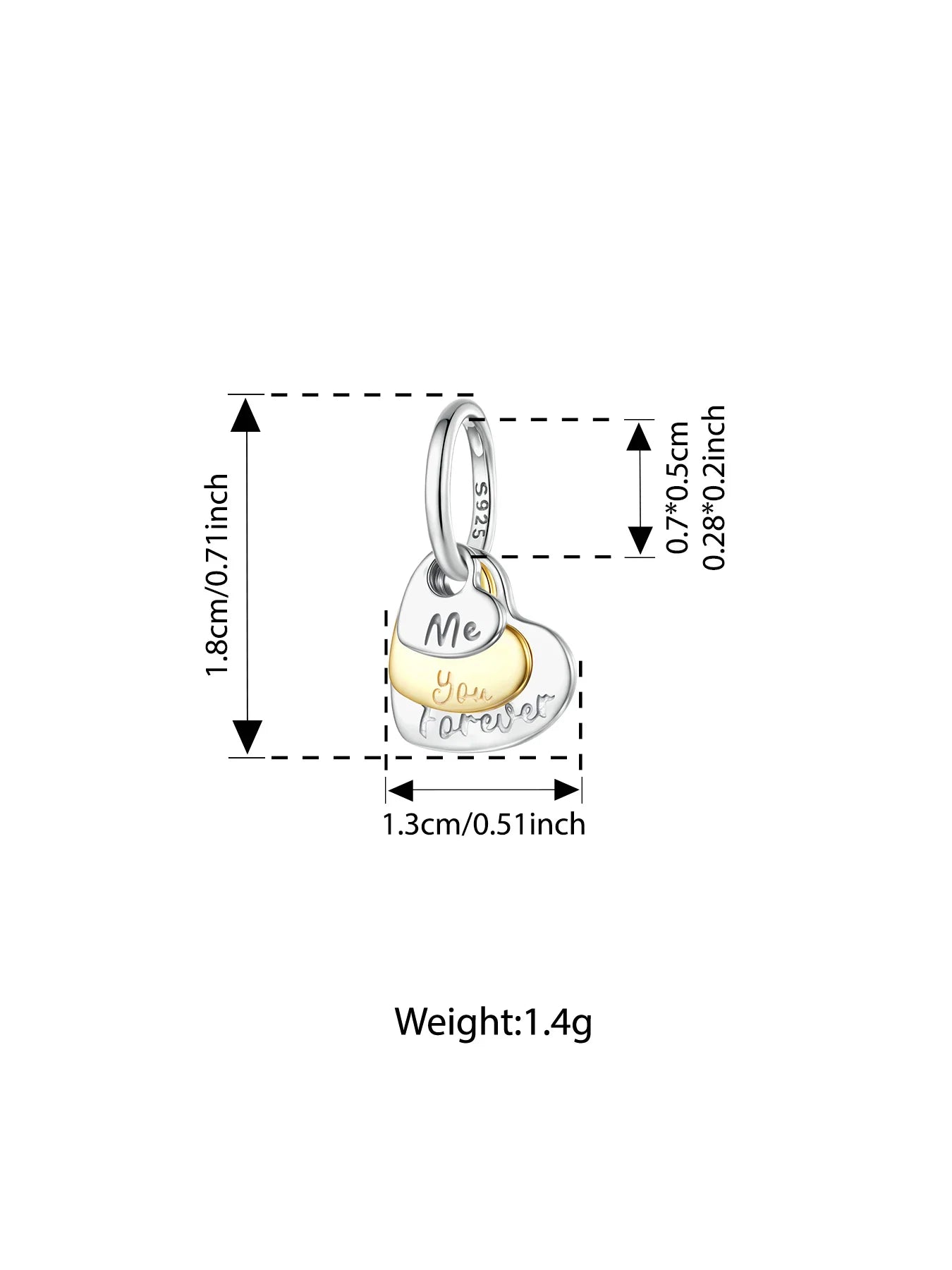 BISAER 925 Sterling Silver Eternal Love Charm Bead Two-tones Heart Pendant for Women DIY Bracelet & Neckalce Fine Jewelry Gift
