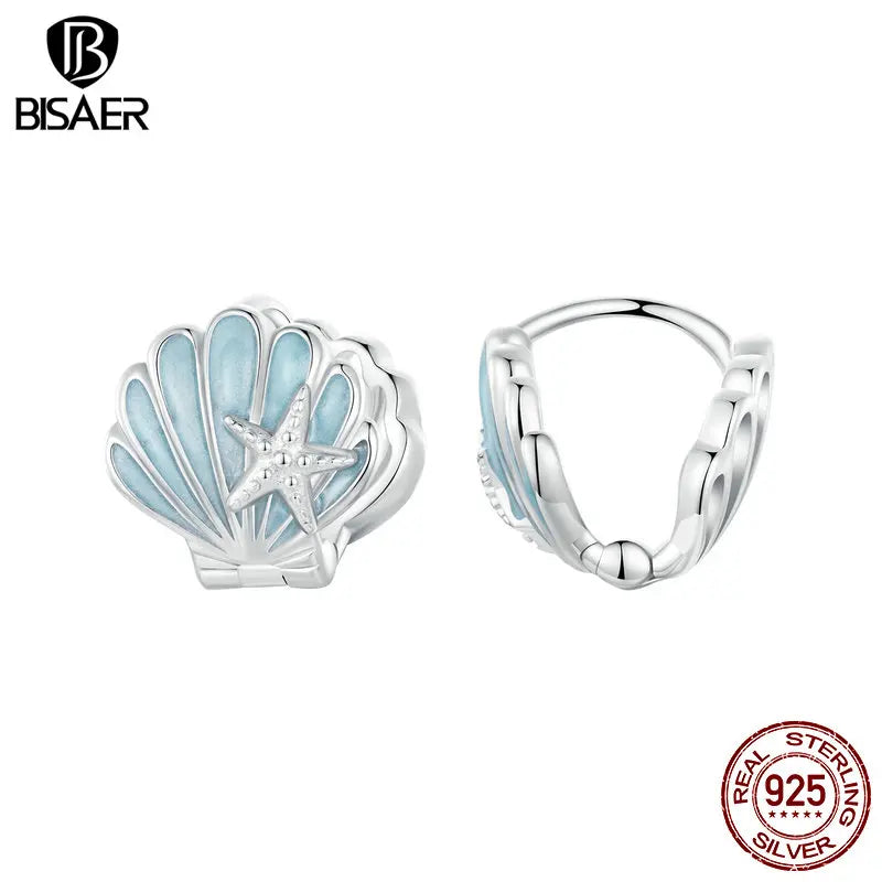 BISAER 925 Sterling Silver Shell Ear Buckles Bule Enamel Stud Ear Plated White Gold for Women Party Fine Jewelry Holiday Gift