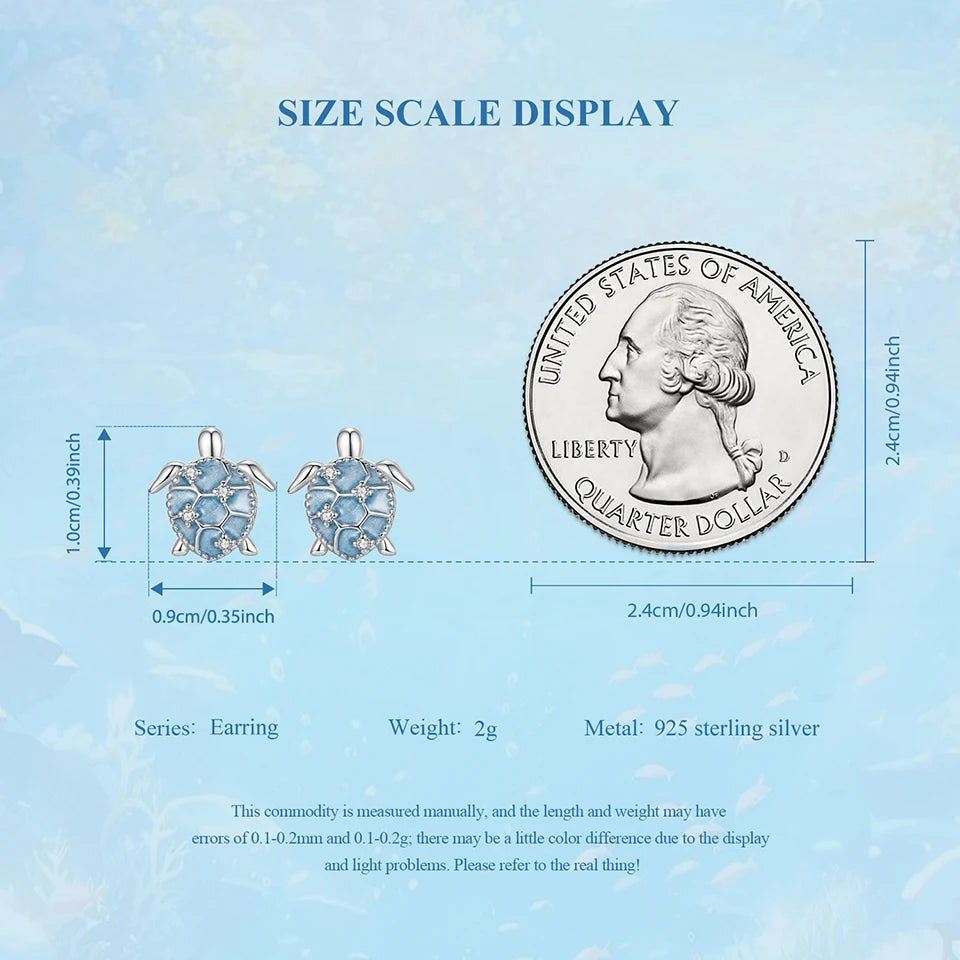 BISAER 925 Sterling Silver Turtle Stud Earrings Bule Enamel Stud Ear Plated White Gold for Women Party Fine Jewelry Holiday Gift