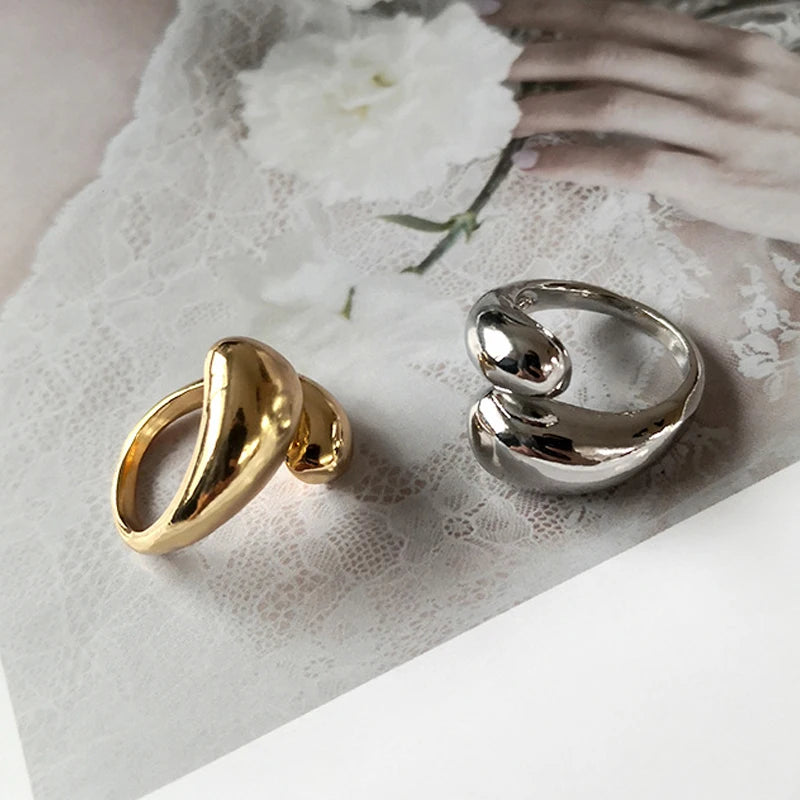 Punk Rock Waterdrop Shape Opening Rings for Women Gold Color Teardrop Chunky Polished Stainless Steel Metal Ring Jewelry Bijoux