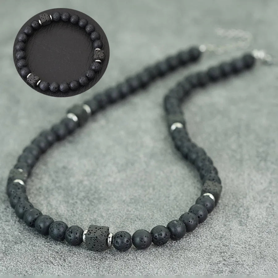Neues 2-teiliges Herren-Schmuckset: 48 cm lange Choker-Halskette, 8 mm großes Armband mit Lava-Onyx-Obsidian-Perlen, Meditations- und Heilschmuck für Herren