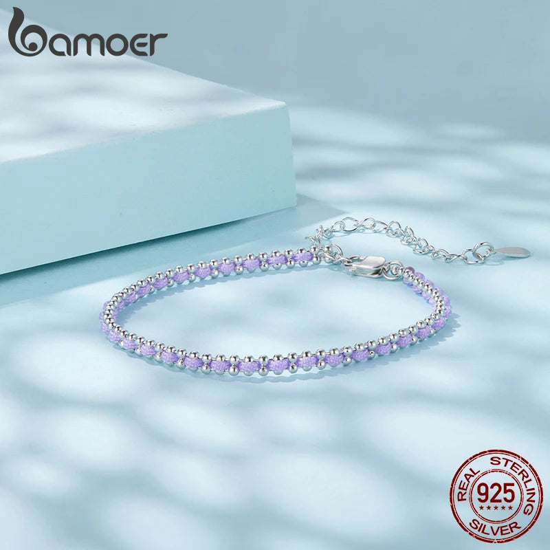 Bamoer 925 Sterling Silver Handmade Knot Beads Chain Bracelet Purple Cotton Cord Bracelet for Women Teens Healing Party Gift