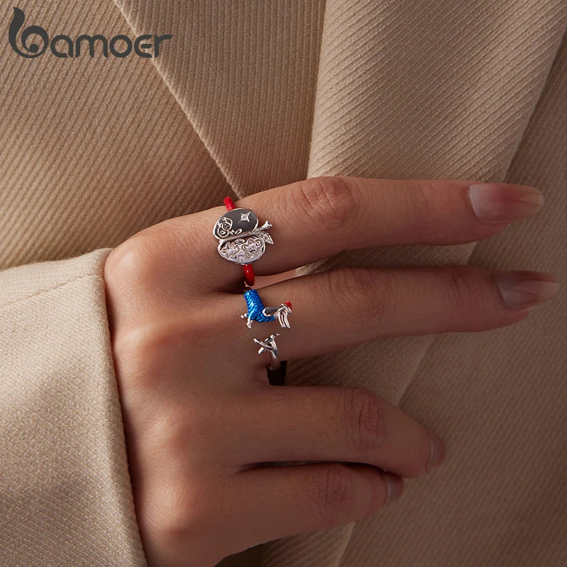 Bamoer 925 Sterling Silber Süßer Weihnachtsring mit Dackelmotiv, offener Ring, verstellbar, farbenfroh, für Damen und Teenager, schönes Weihnachtsgeschenk