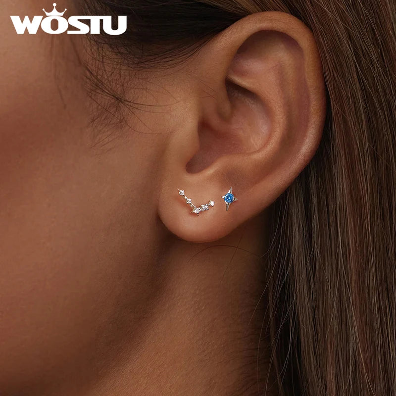 WOSTU 925 Sterling Silver Zircon Constellation Horoscope Stud Earrings For Women Asymmetrical Colorful Ear Studs Party Jewelry
