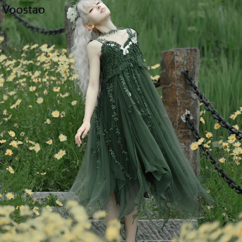 Mori Girl Sweet Lolita Princess Dress Women Sweet Green Butterfly Embroidery Cane Vine Design Party Midi Dresses Elegant Vestido
