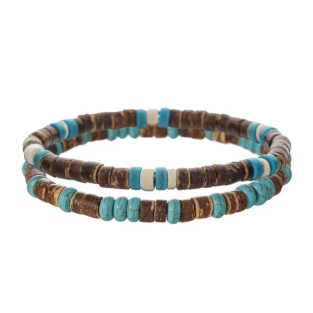 Coconut Turquoise Stone Wood Beads Bracelet Stackable Elastic Bracelet For Men and Women Retro Boho Vacation Jewelry Gifts
