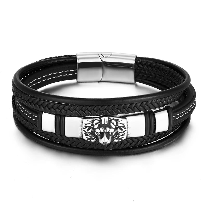 MKENDN Trendy Genuine Multilayer Leather Bracelet Classic Animal Lion Head Accessories Men Stainless Steel Leather Wristband