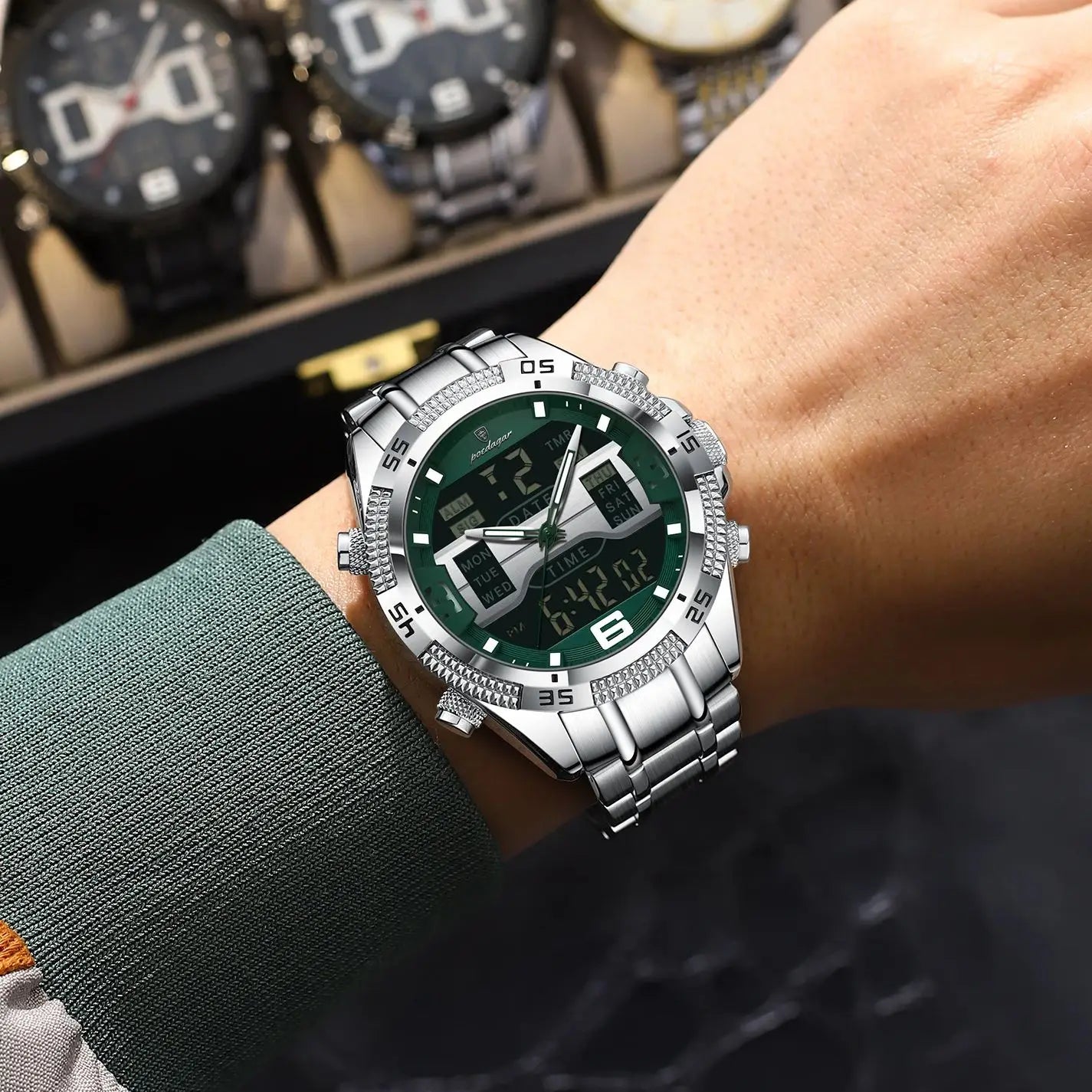 POEDAGAR Sports Luxury Man Wristwatch Dual Time Display Digital Week Date LED Luminous Men Watch Electronic Quartz Men's Watches
