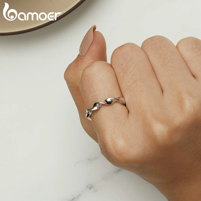 Bamoer 925 Sterling Silver Simple Twisted Opening Ring Sea Wave Adjustable Ring for Women Party Minimalist Fine Jewelry