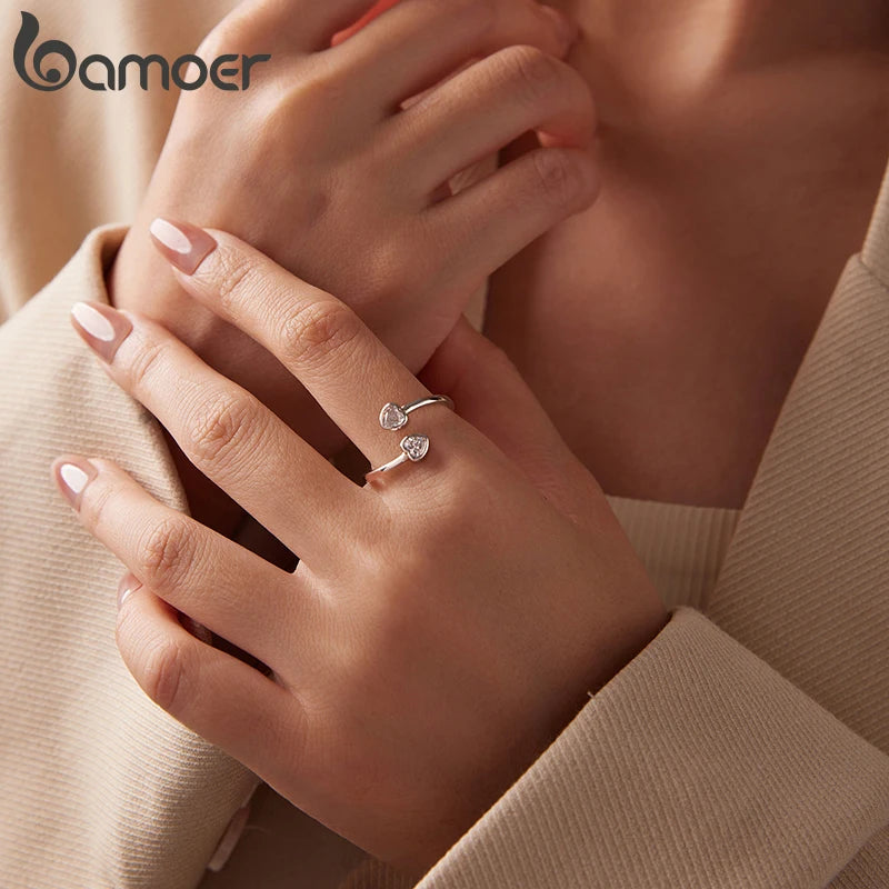 Bamoer 925 Sterling Silver Double Heart Arrow Open Ring Adjusable Promise Zircons Ring for Women Teens Minimalist Daily Gift