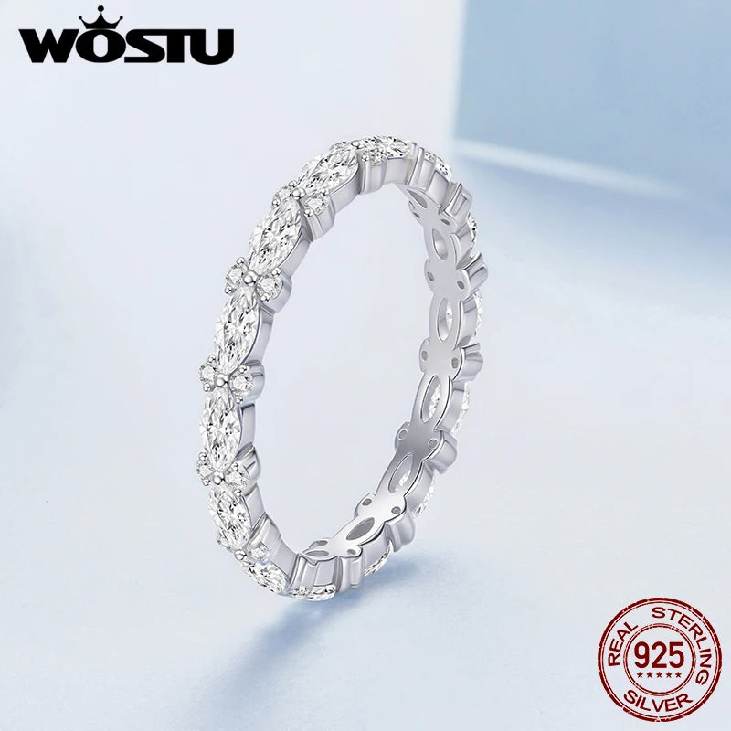 WOSTU 925 Sterling Silver Sparkling Heart Band Ring Single Side Ring Zircon White Gold for Women Wife Anniversary Fine Jewelry