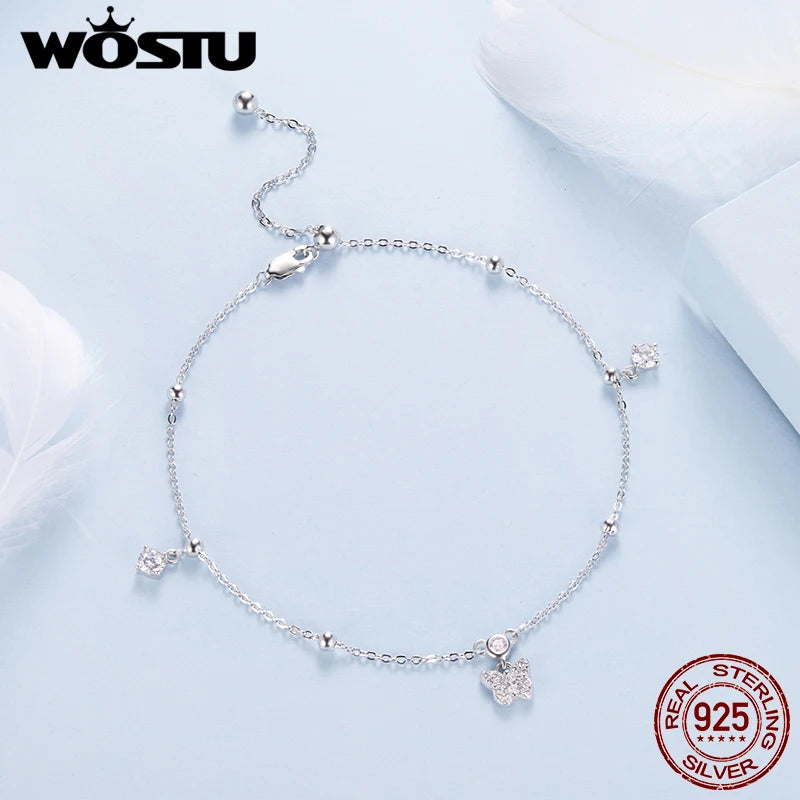 WOSTU 925 Sterling Silver Butterfly Tassels Anklet for Women Foot Links Boho Beach Summer Simple Foot Jewelry Anklet Bracelets