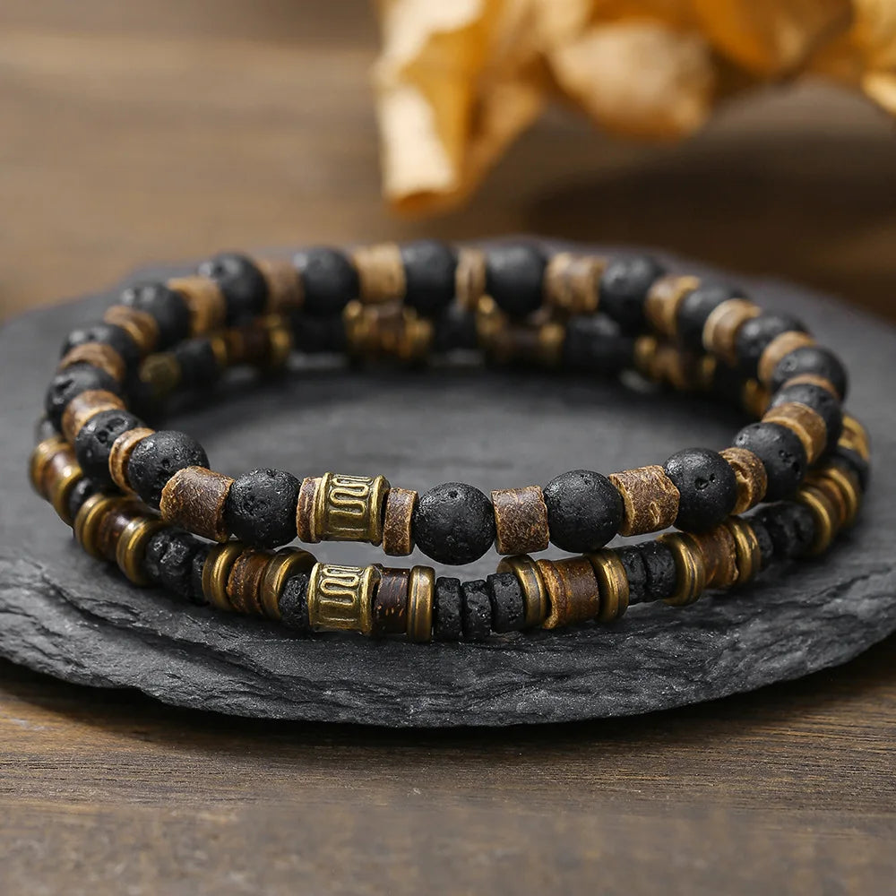 1PC Vintage Male Tribal Coconut Shell Wooden Beaded Bracelet for Men Lava Stone Bracelet Man Jewelry Gift for Him
