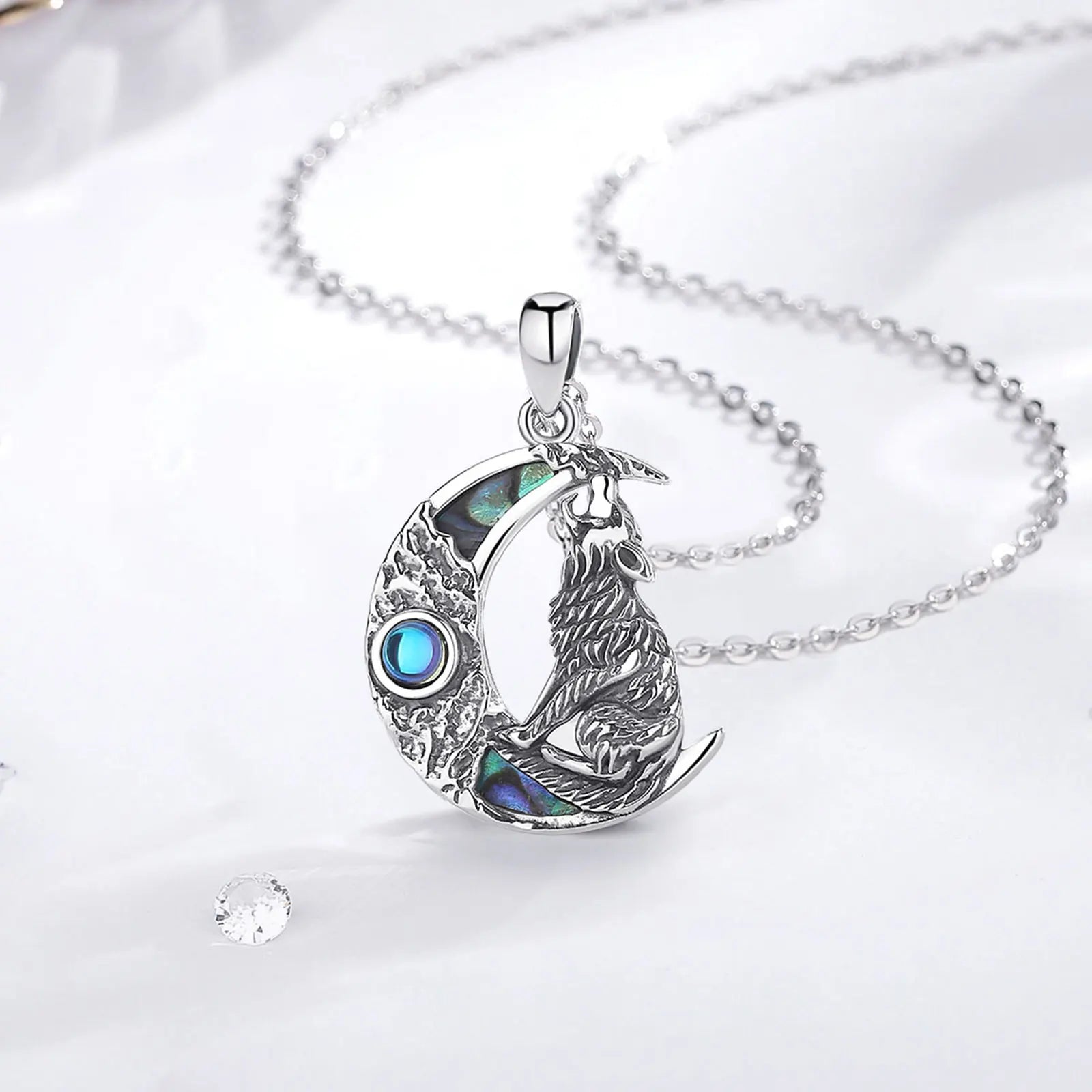 Eudora 925 Sterling Silver Wolf on the Moon Necklace for Women Man Natural Abalone Shell Viking Wolf Pendant Jewelry Party Gift