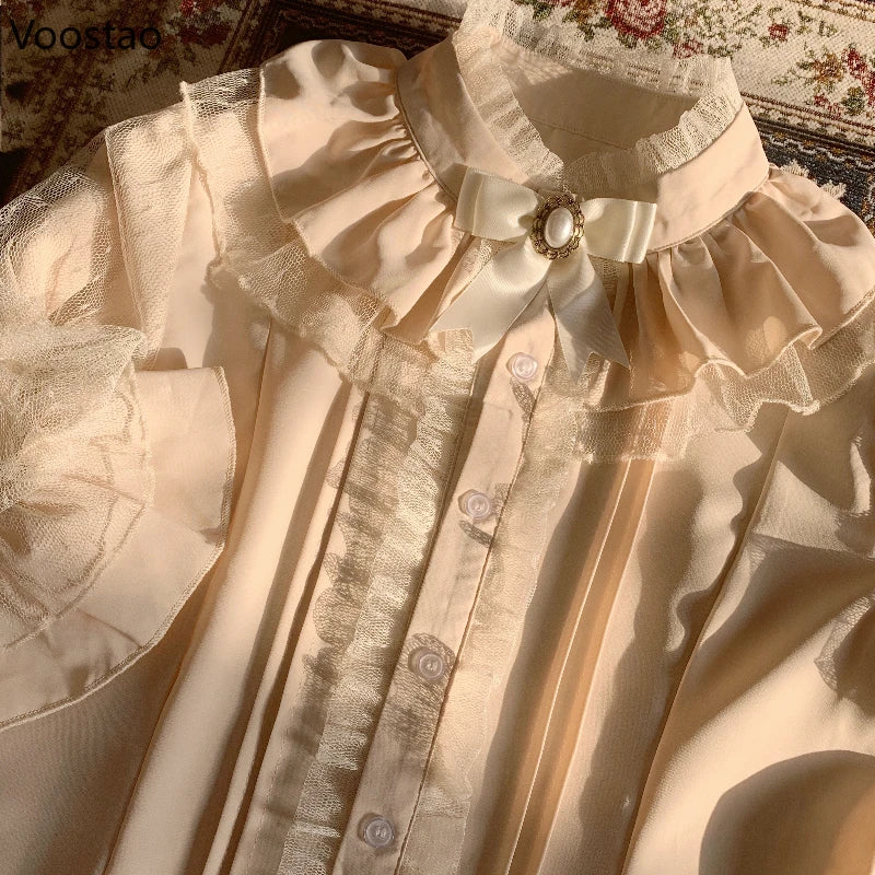 Gothic Y2k Shirts Women Vintage Lolita Style Lantern Sleeve Blouses Girls Victorian Sweet Mesh Ruffles Tops Punk Blusas Mujer