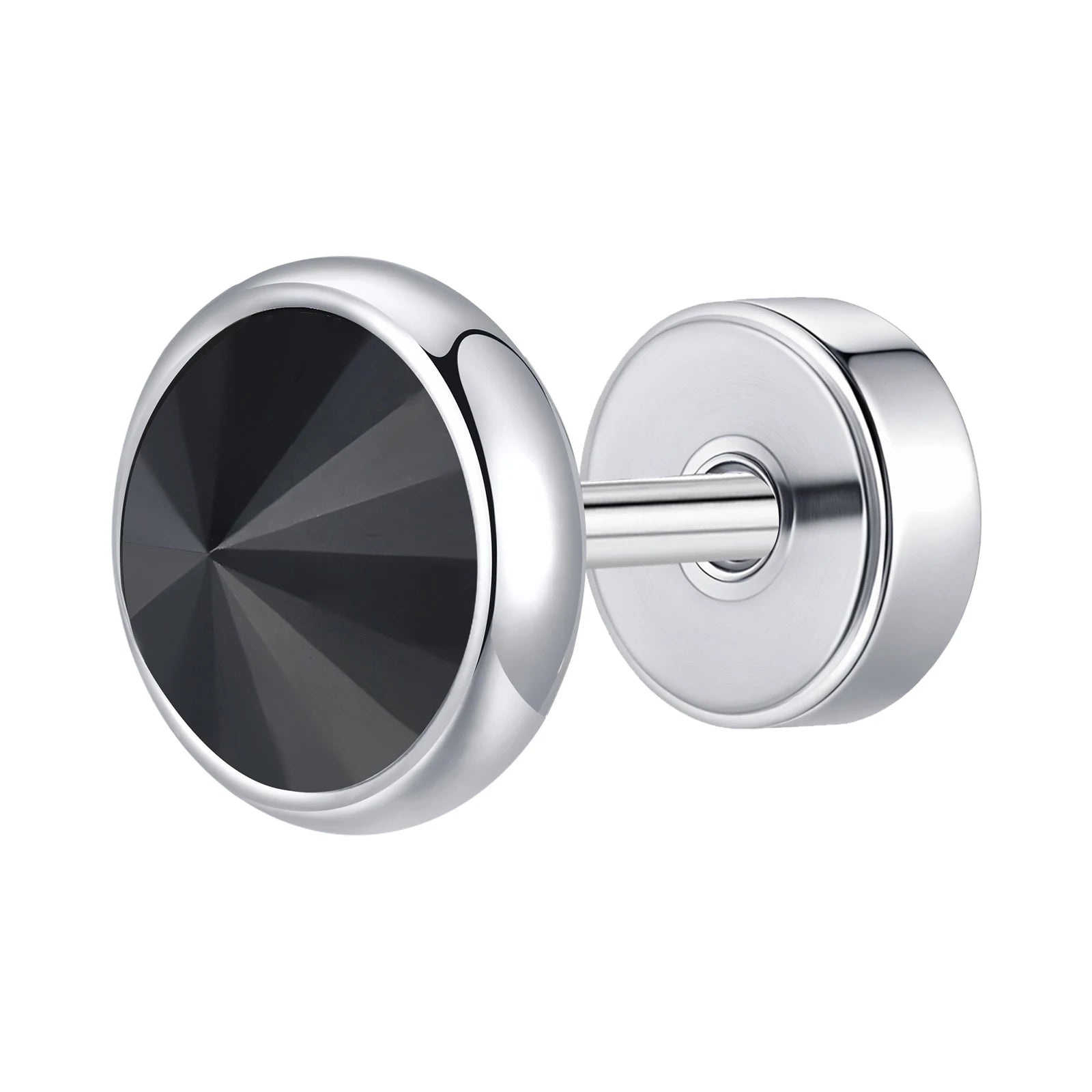 Vnox Multi-faced Cut Zircon Stone Earrings for Men Boys, Screw Back Stud Barbell Shaped Earrings,Black Stainless Steel Jewelry