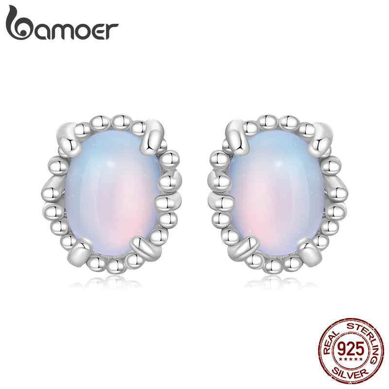 BAMOER Opalescent Mainstone Stud Earrings Transparent Oval Satement Earring with Retro Lace For Women Girl Romantic Jewelry Gift