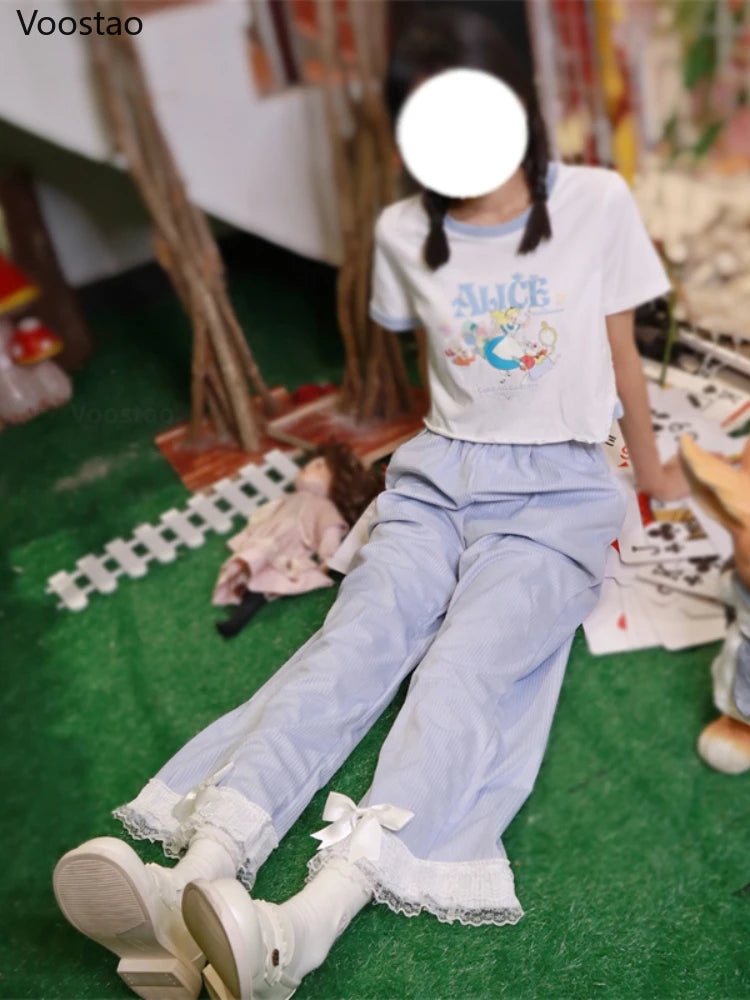 Japanese Lolita Women's Kawaii High Waist Corduroy Pants Sweet Bow Lace Wide Leg Pants Girly Harajuku Chic Loose Cute Trousers - Madeinsea©