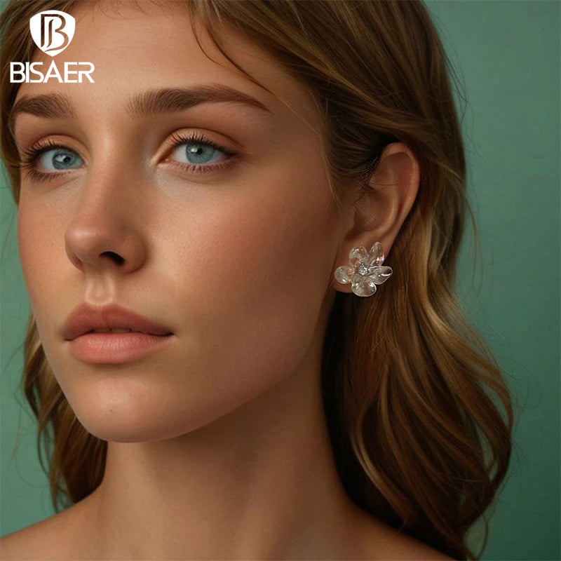 BISAER 925 Sterling Silver Fresh Flower Stud Earring Blooming Purity Flowers Stud Ear Plated White Gold For Party Fine Jewelry