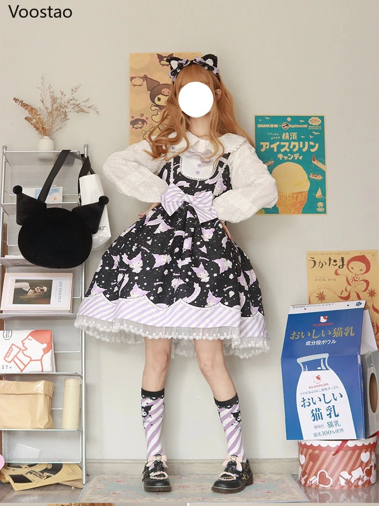 Sweet Lolita Style Cartoon Print Princess Dress Women Cute Bow Lace Party Strap Dresses Girly Harajuku Kawaii Y2k Mini Vestidos - Madeinsea©