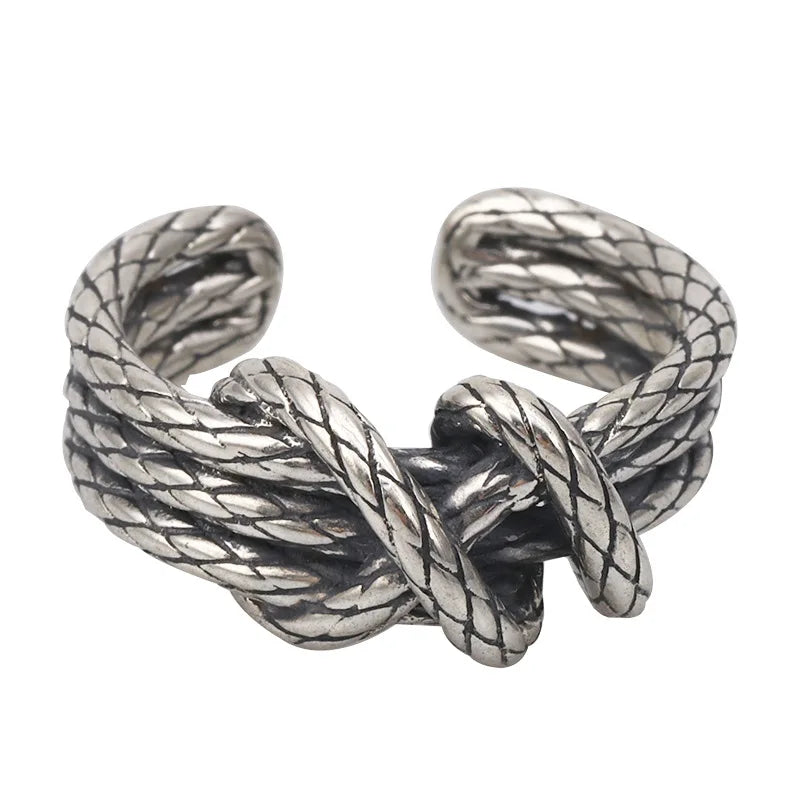 Retro Woven Rope Ring For Men Silver Color Punk Gothic Adjustable Open Ring Handmade Rock Biker Accessories Man Jewelry Gift