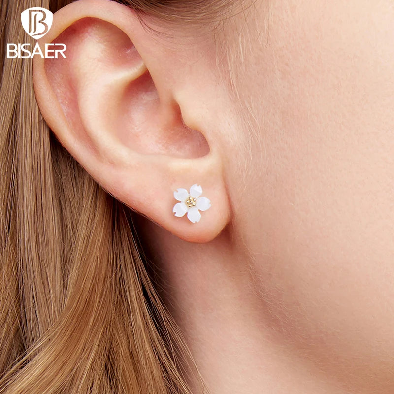 BISAER 925 Sterling Silver Sakura White Shell Stud Earrings White Cherry Blossoms Stud Ear for Women Girls Party Fine Jewelry
