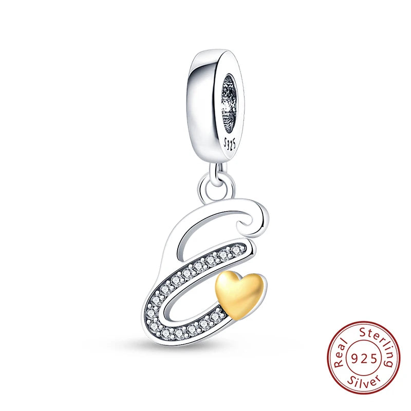 Classic 925 Sterling Silver 26 Gold Color Heart Zircon Letter A-Z Charms Beads Fit Original Bracelets DIY Birthday Jewelry Gift