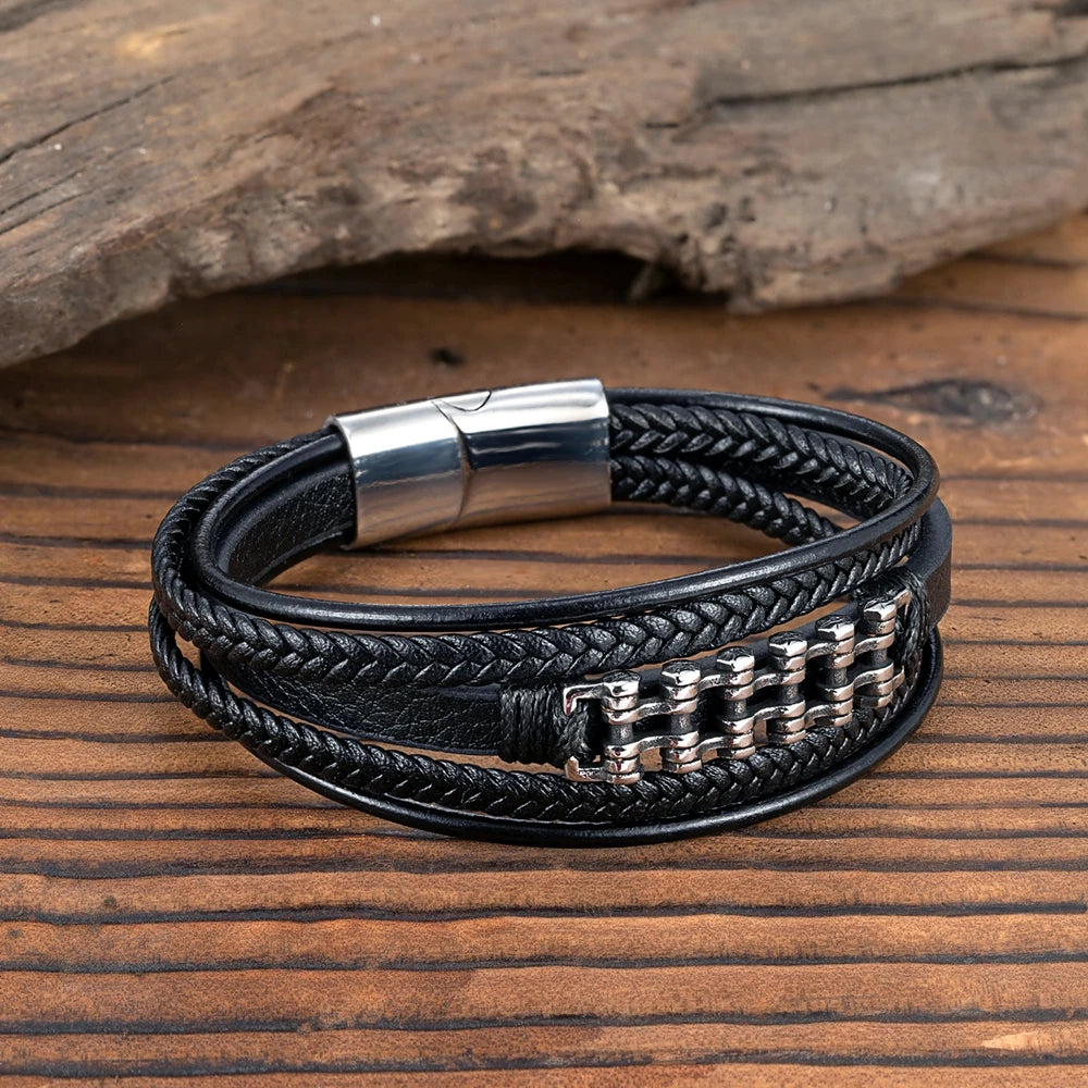 MKENDN Locomotive Men Biker Chain Braided Multi-layer Genuine Leather Bracelet Stainless Steel Magnetic Buckle Bracelet Homme